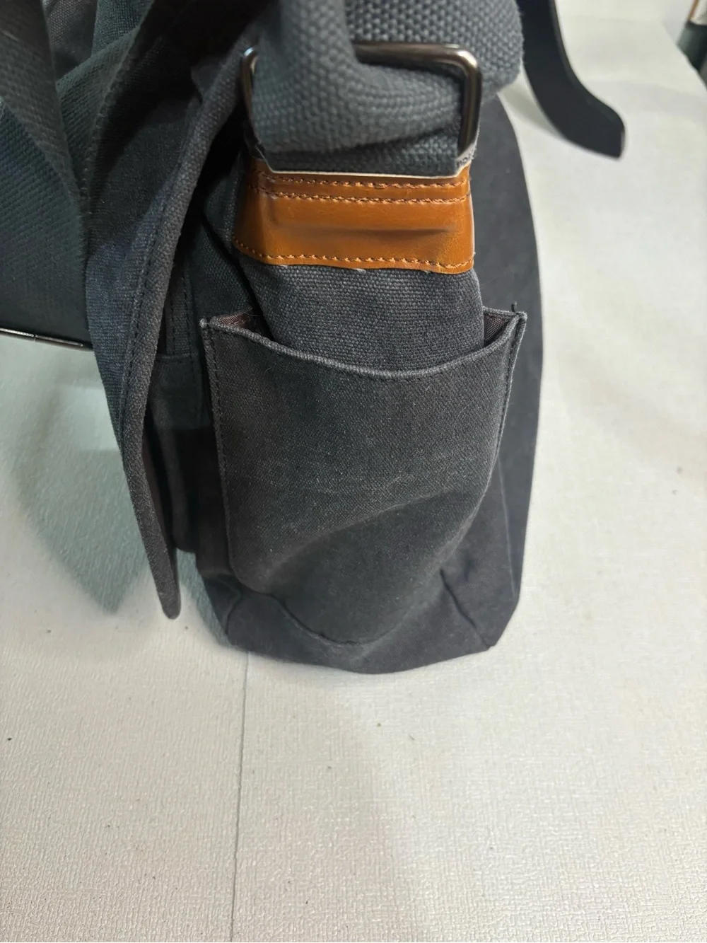 Black Canvas & Brown Leather Trim Messenger Bag FENGDONG